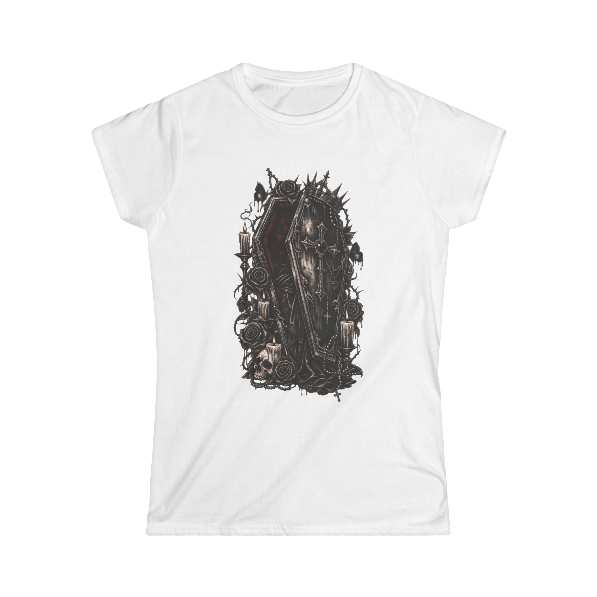Gothic Coffin Romance T-Shirt – Dark Rose & Heart Coffin Design