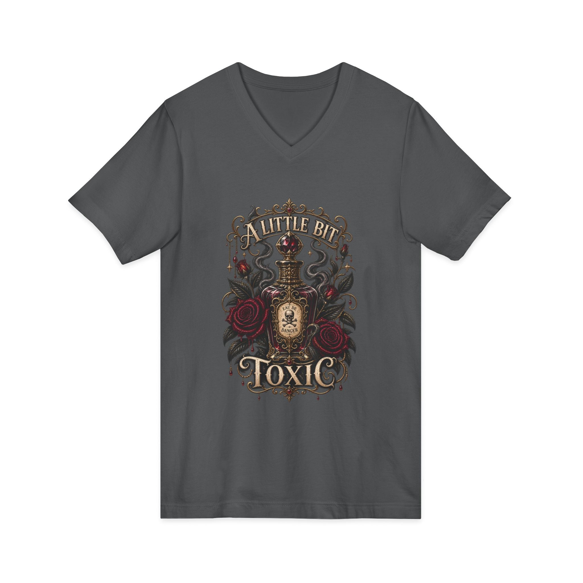A Little Bit Toxic V-Neck Tee — Gothic Poison Rose Graphic Shirt
