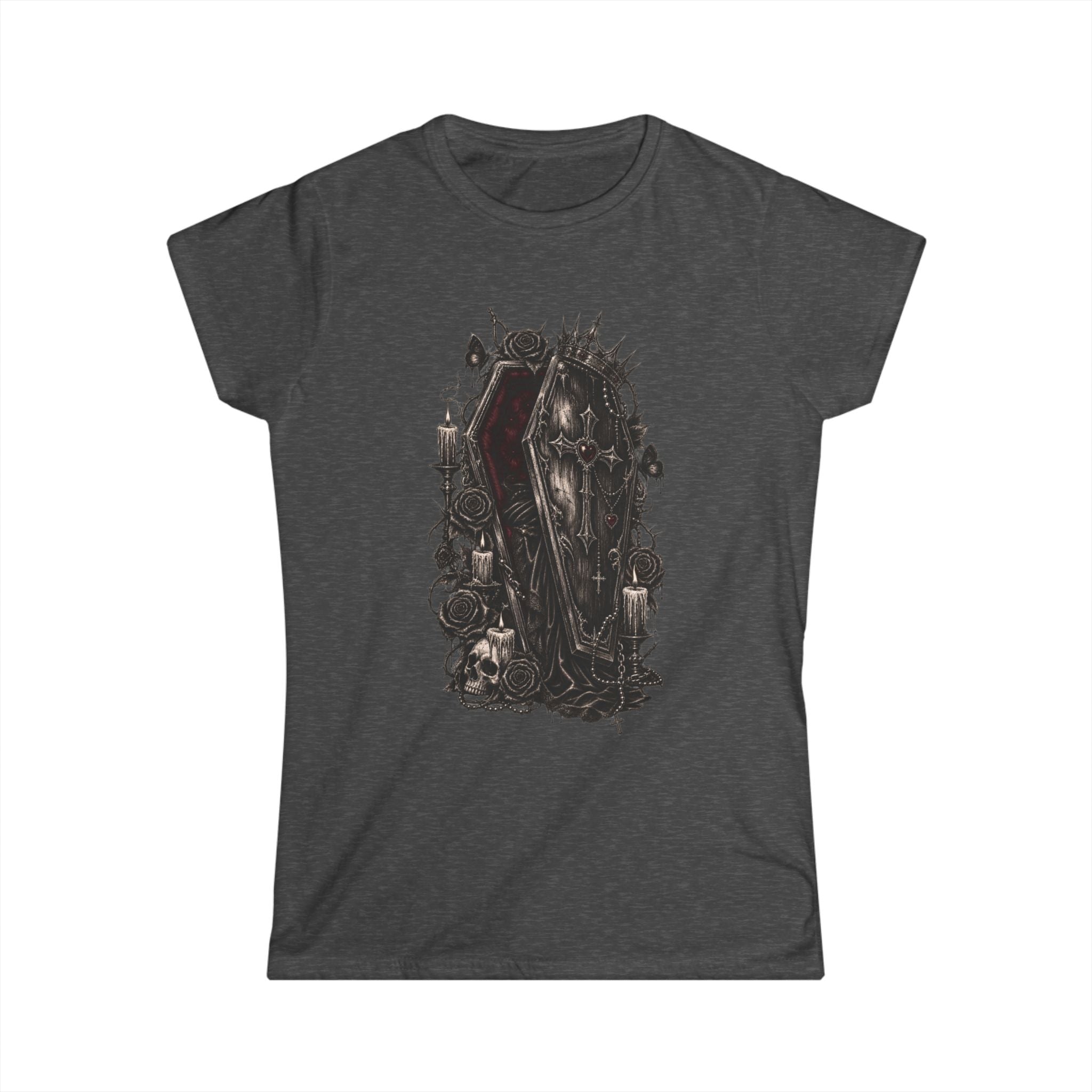 Gothic Coffin Romance T-Shirt – Dark Rose & Heart Coffin Design