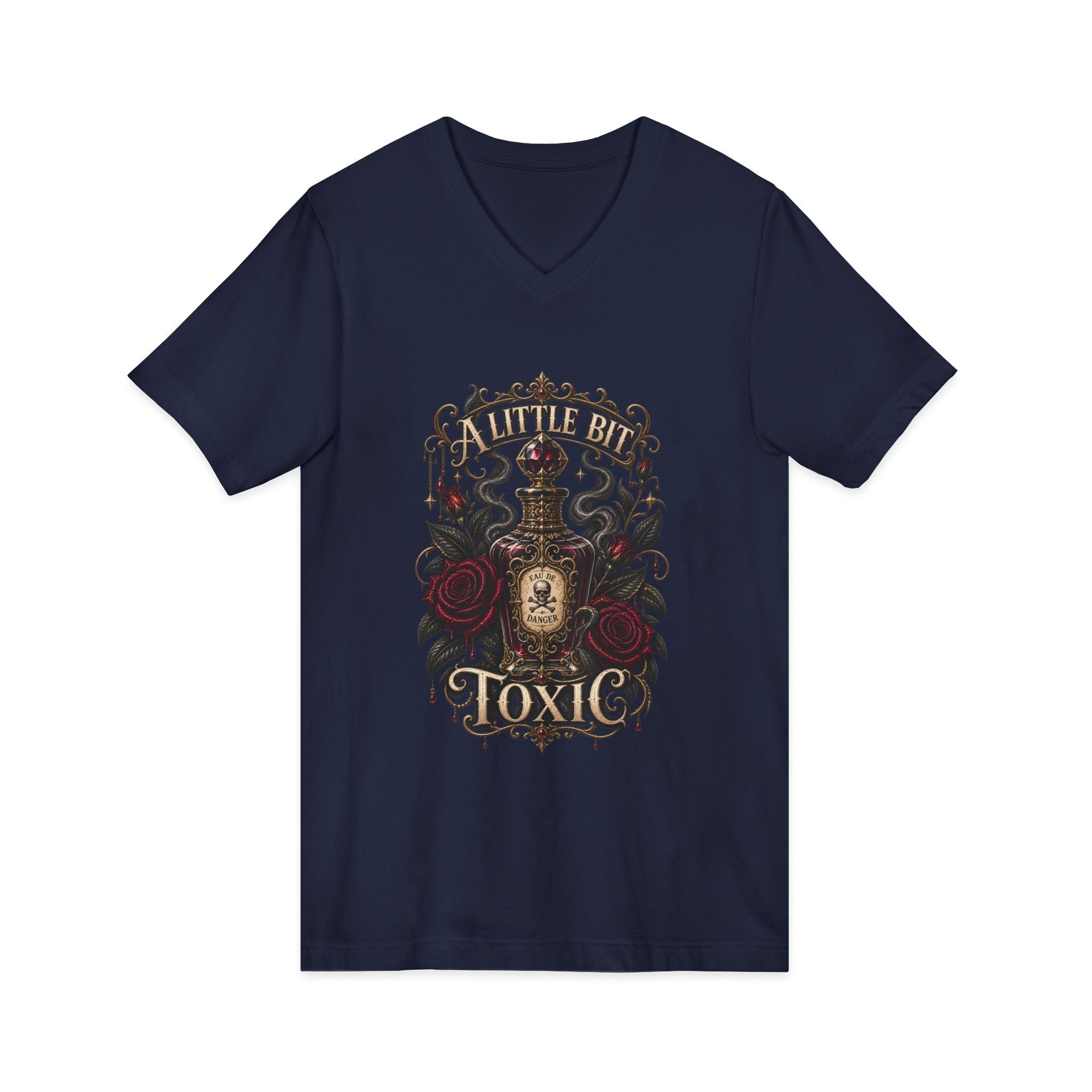 A Little Bit Toxic V-Neck Tee — Gothic Poison Rose Graphic Shirt