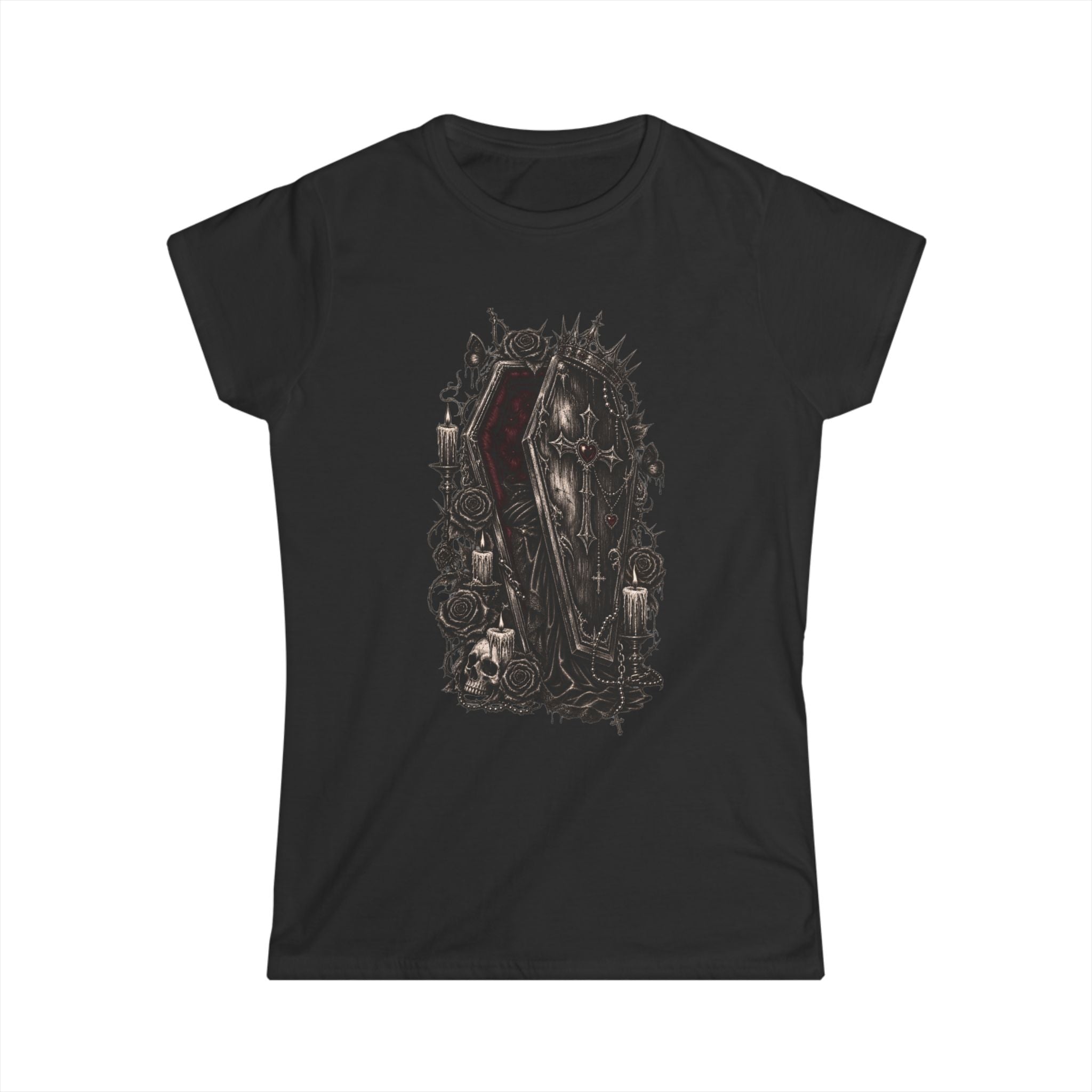 Gothic Coffin Romance T-Shirt – Dark Rose & Heart Coffin Design