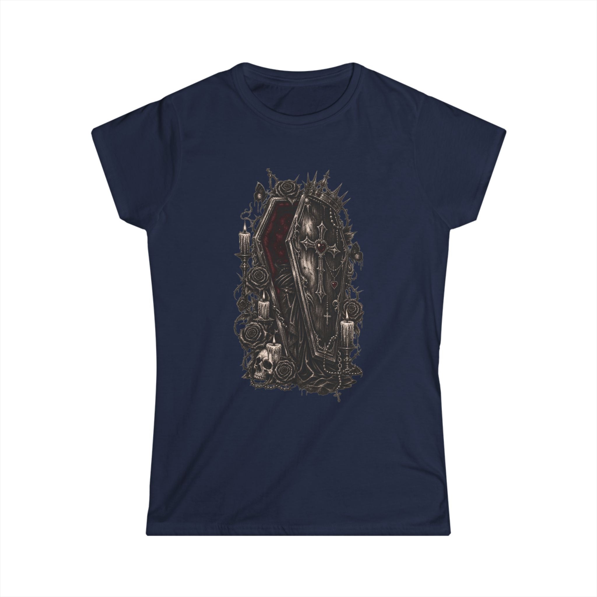 Gothic Coffin Romance T-Shirt – Dark Rose & Heart Coffin Design