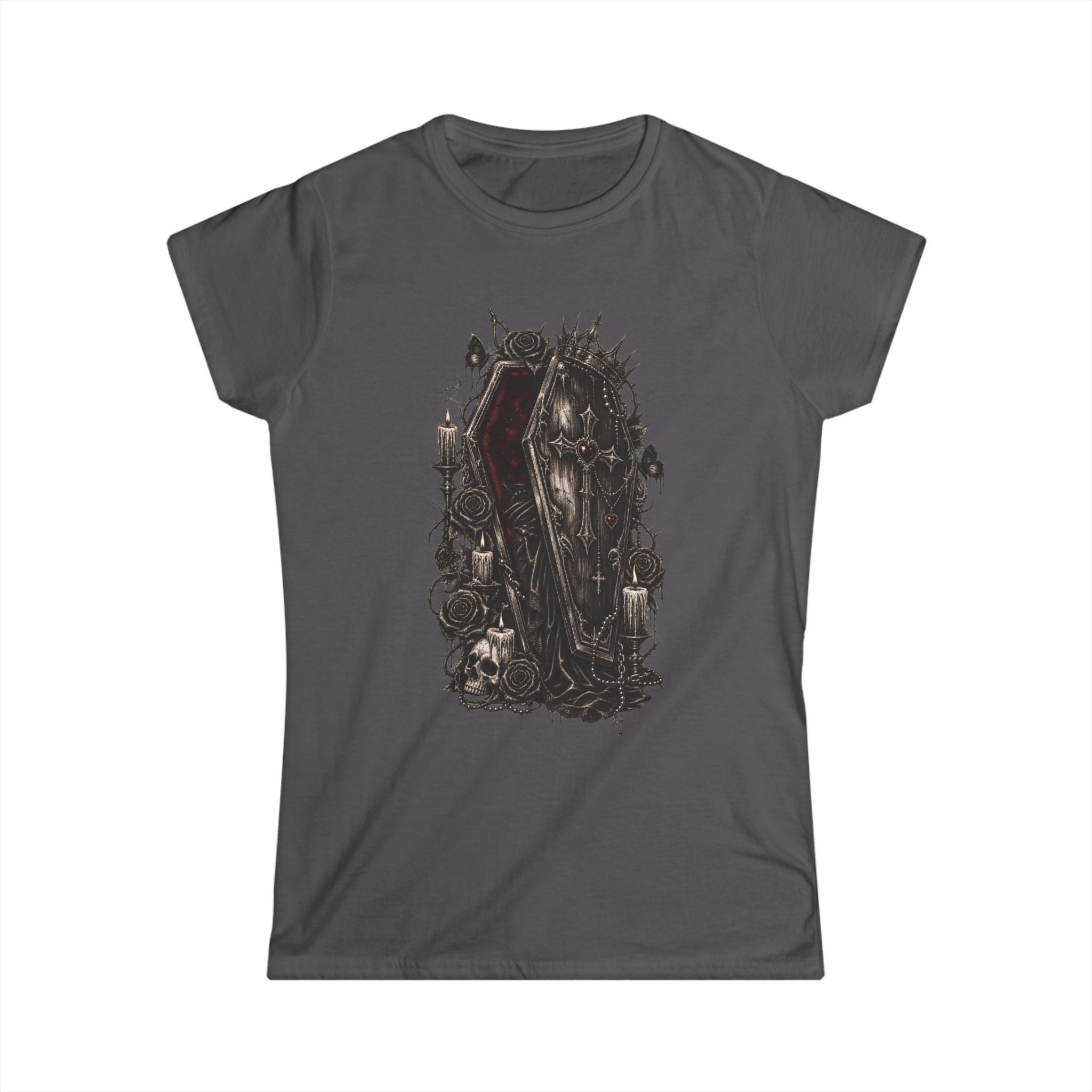 Gothic Coffin Romance T-Shirt – Dark Rose & Heart Coffin Design