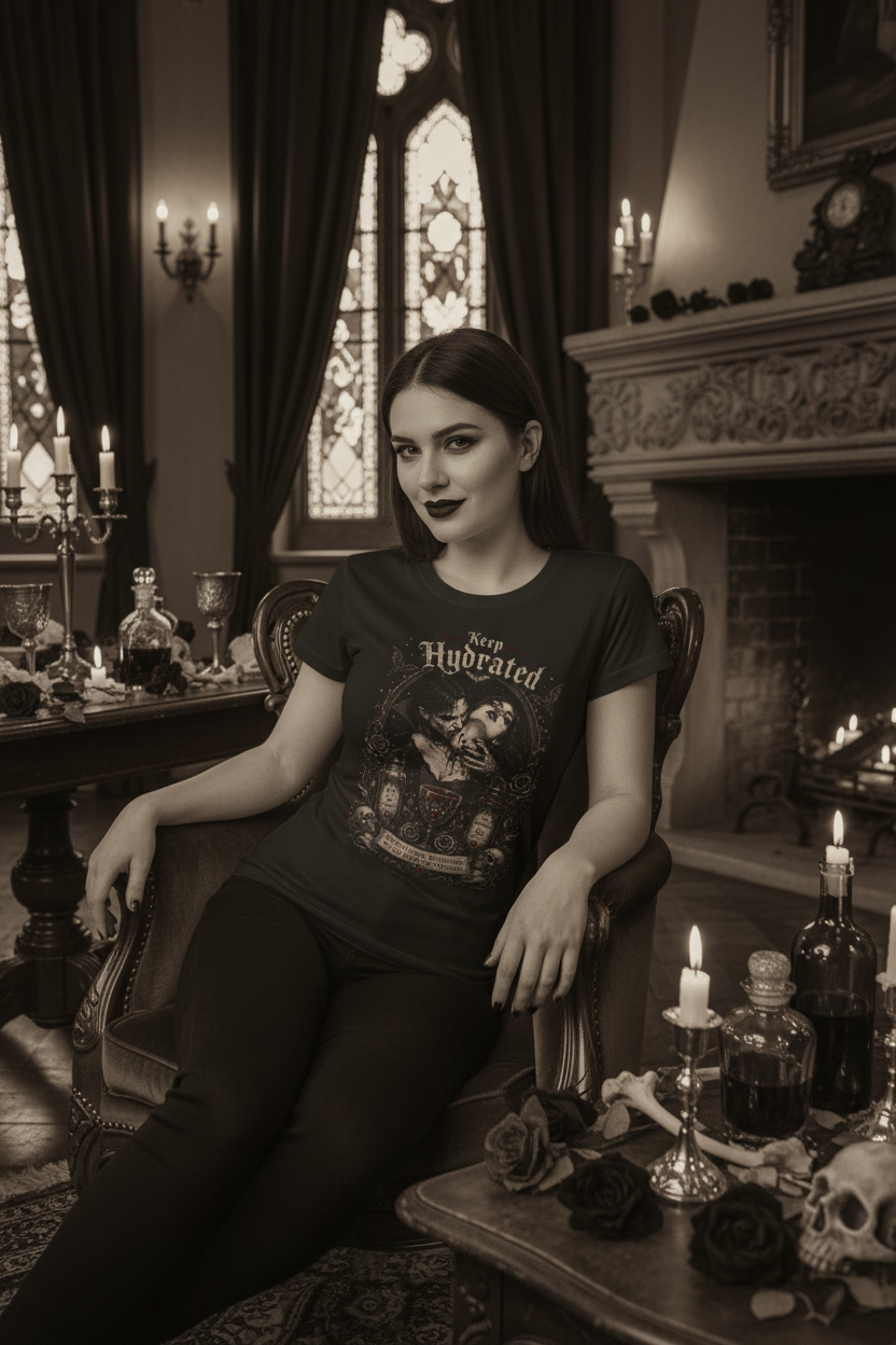 Gothic lifestyle photo featuring the Keep Hydrated Vampire T-Shirt in a candlelit Victorian setting