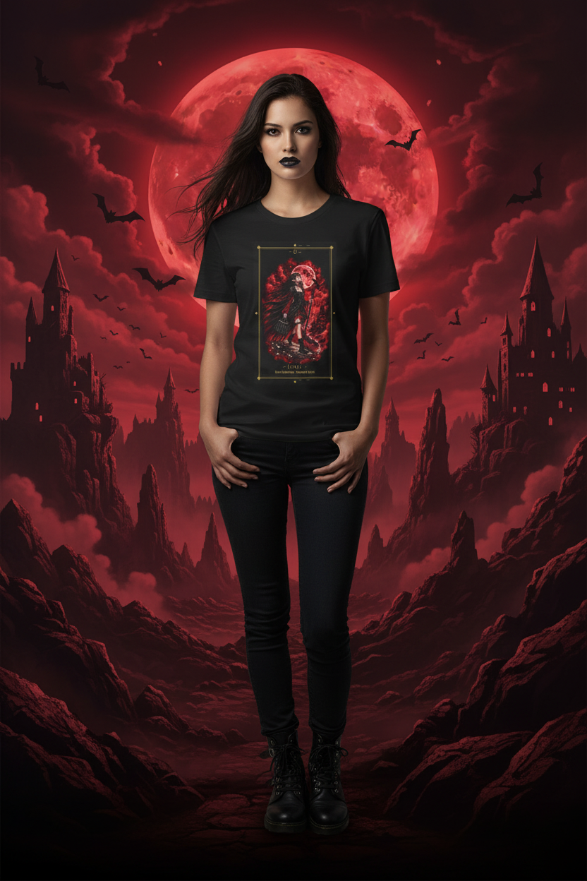 Gothic lifestyle photo featuring The Fool tarot t-shirt under a dramatic blood-red moon